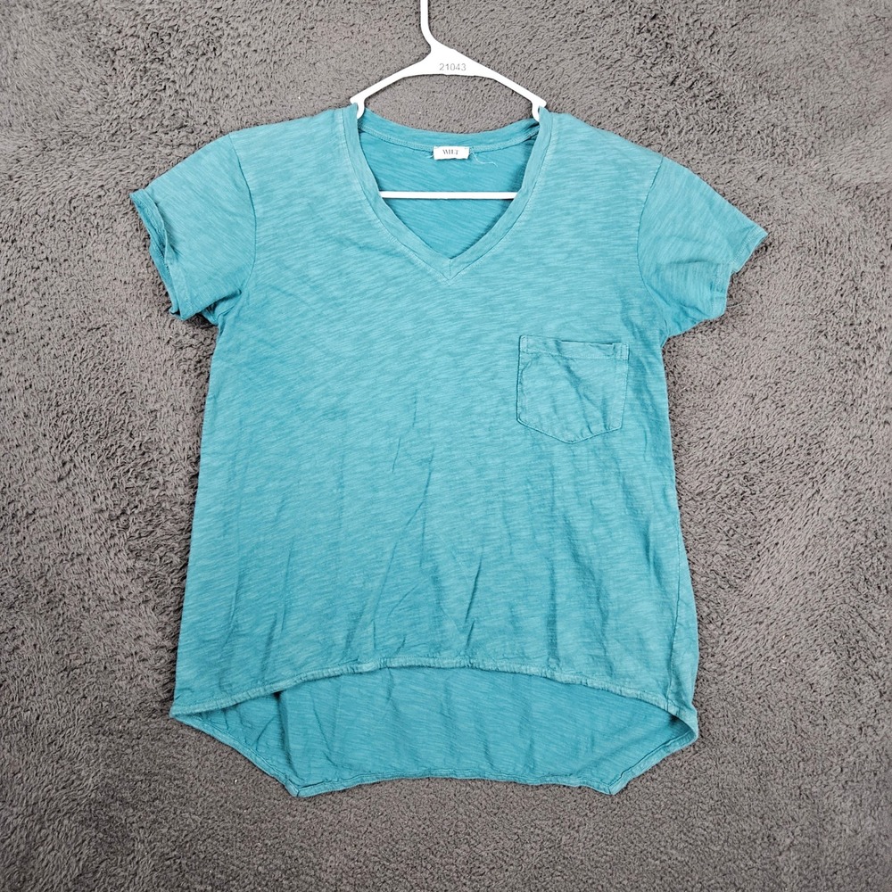 Wilt Womens Medium Teal Blue Knit V-Neck Pocket T-Shirt